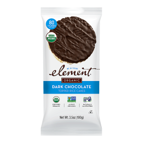 Front of Element Snacks Organic Dark Chocolate Topped Rice Cakes, 100g