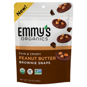 Front of Emmy’s Organics Gluten-Free Thin & Crispy Brownie Snaps Peanut Butter, 95g