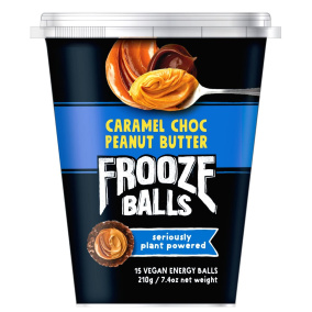 Front of Frooze Balls Vegan Energy Bites Caramel Chocolate Peanut Butter