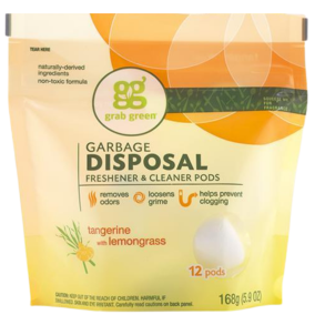 Front of grab green Garbage Disposal Freshener & Cleaner Pods Tangerine, 12 Pods