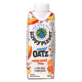 Front of Happy Planet Monin' Oatz Shake Mango Peach