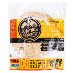 Front of La Tortilla Factory 6.5” Whole Wheat Tortillas Original Size, 10 Tortillas