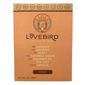 Front of Lovebird Foods Grain-Free O’s Cereal Honey, 198g