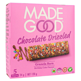 Front of MadeGood Chocolate Drizzled Granola Bars Birthday Cake Flavour, 5 Bars