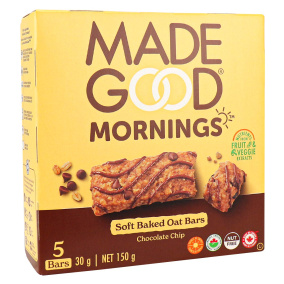 Front of MadeGood Mornings Gluten-Free Soft-Baked Oat Bars Chocolate Chip, 5 Bars