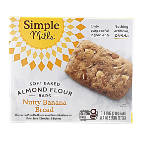 Front of Simple Mills Grain-Free Soft Baked Almond Flour Bars Nutty Banana Bread, 5 Bars