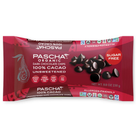 Front of Pascha Chocolate Chips Unsweetened, 250g