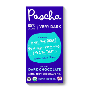 Front of Pascha 85% Cacao Organic Dark Chocolate, 80g