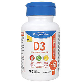 Front of Progressive Extra Strength Vitamin D3 2,500 IU, 180 Tablets