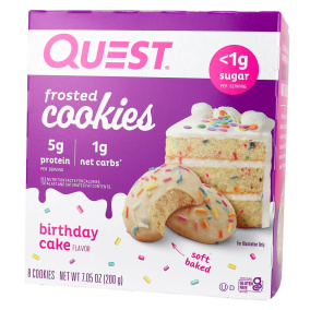 Front of Quest Keto Soft Baked Frosted Cookies Birthday Cake Flavour, 8 Cookies