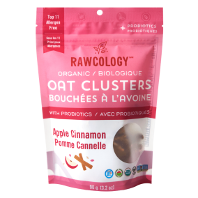 Front of Rawcology Organic Oat Clusters with Probiotics Apple Cinnamon, 90g