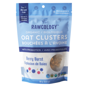 Front of Rawcology Organic Oat Clusters with Probiotics Berry Burst, 90g