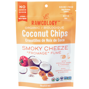 Front of Rawcology Smoky Cheeze Superfood Coconut Chips, 70g