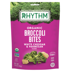 Front of Rhythm Superfoods Organic Broccoli Bites White Cheddar & Parmesan, 40g