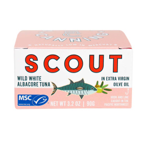 Front of Scout Canning Wild White Albacore Tuna in Extra Virgin Olive Oil, 90g