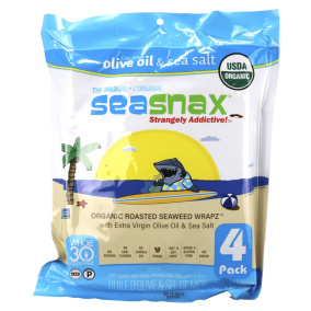 Front of SeaSnax Organic Roasted Seaweed with Extra Virgin Olive Oil & Sea Salt Snack Packs