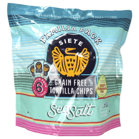 Front of Siete Grain-Free Tortilla Chips Sea Salt Familia Snack Pack