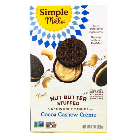Front of Simple Mills Nut Butter Stuffed Sandwich Cookies Cocoa Cashew