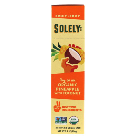 Front of Solely Organic Fruit Jerky Pineapple With Coconut