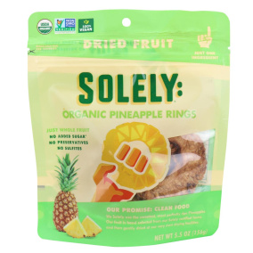 Front of Solely Dried Fruit Organic Pineapple Rings, 156g