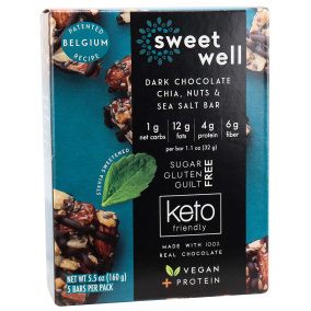 Front of Sweetwell Keto Bar Dark Chocolate Chia, Nuts & Sea Salt, 5 Bars