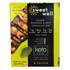 Front of Sweetwell Keto Bar Cashew, Pistachio & Milk Chocolate, 10 Bars