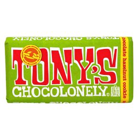 Front of Tony's Chocolonely Milk Chocolate Hazelnut Cookie Bar