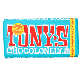 Front of Tony’s Chocolonely Milk Chocolate Wafer Cookie Bar, 180g
