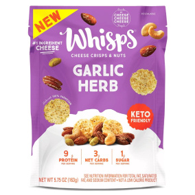 Front of Whisps Keto Cheese Crisps & Nuts Snack Mix Garlic Herb